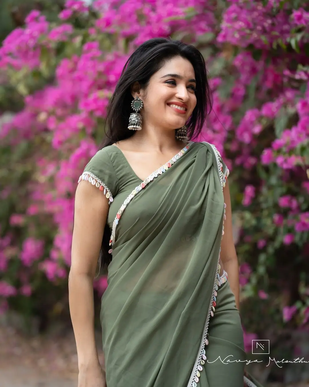 Rathika Rose Wearing Green Saree Sleeveless Blouse